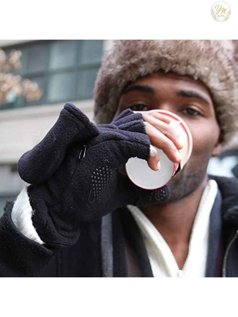 Fleece Fingerless Gloves With Zipper Pocket, Removable Hood, Grip Dots